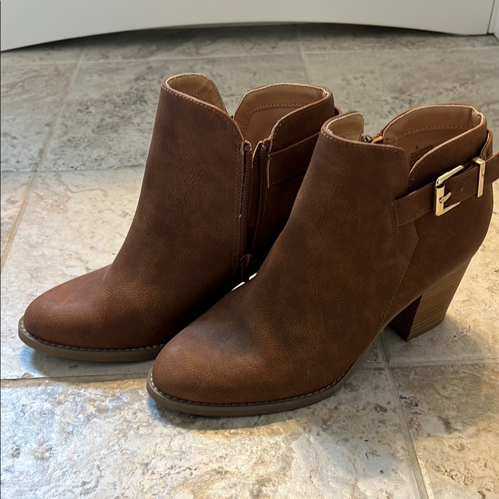 Express Brown Ankle Booties with Gold Buckle